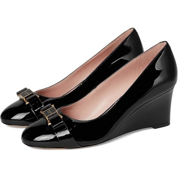 Kate Spade Women's Black Patent Leather Slip On Bowdie Wedge Heel Pump Size 8 - Picture 1 of 7